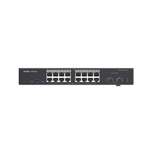 The reyee router features 16 power over Ethernet Plus (PoE+) ports, each capable of delivering up to 30W, with a total PoE power budget of 240W